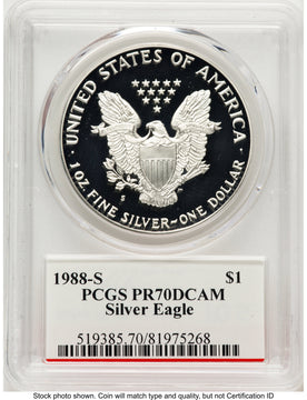 1988-S Proof Silver Eagle 1 oz John Bridge PCGS PR70 Mercanti
