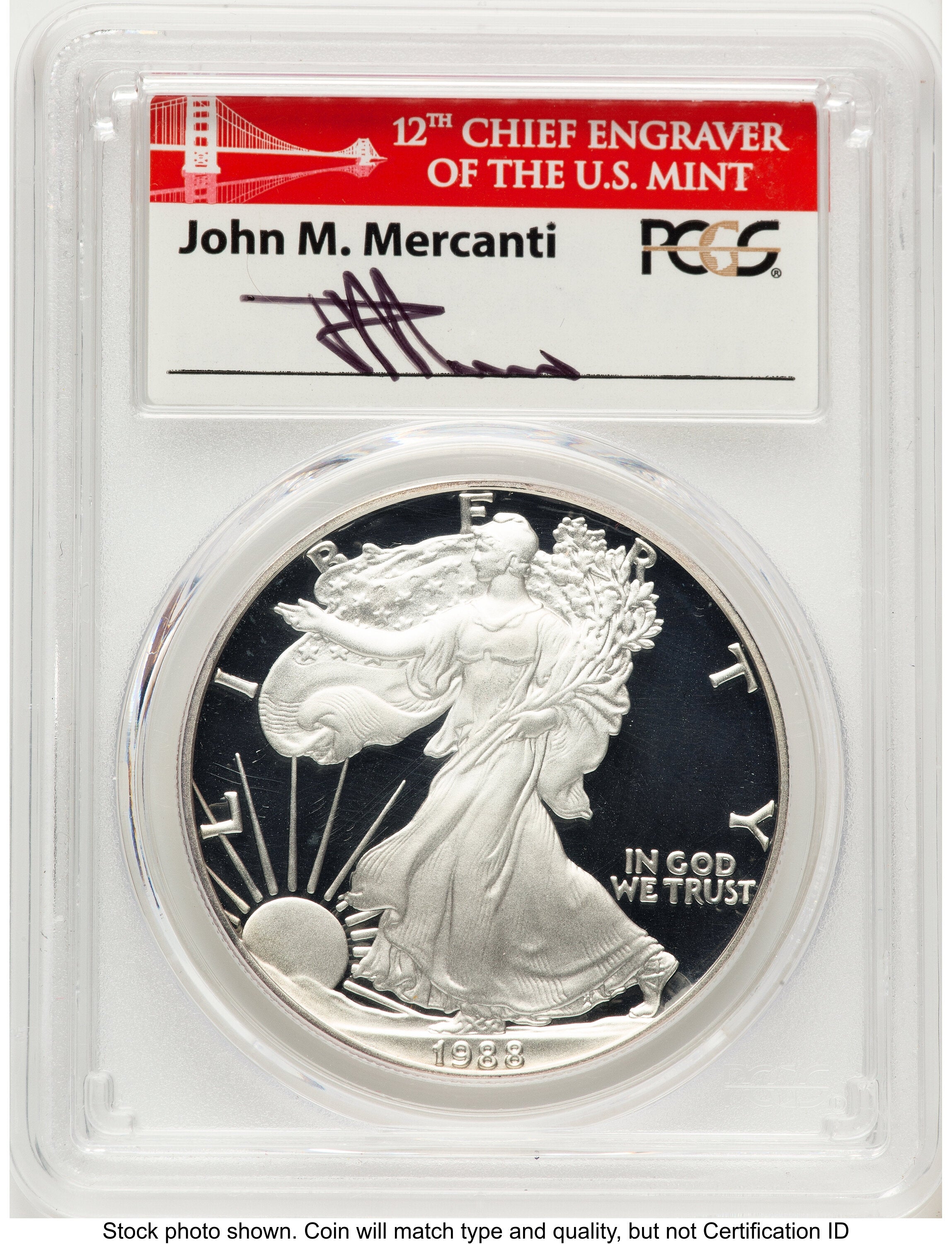 1988-S Proof Silver Eagle 1 oz John Bridge PCGS PR70 Mercanti