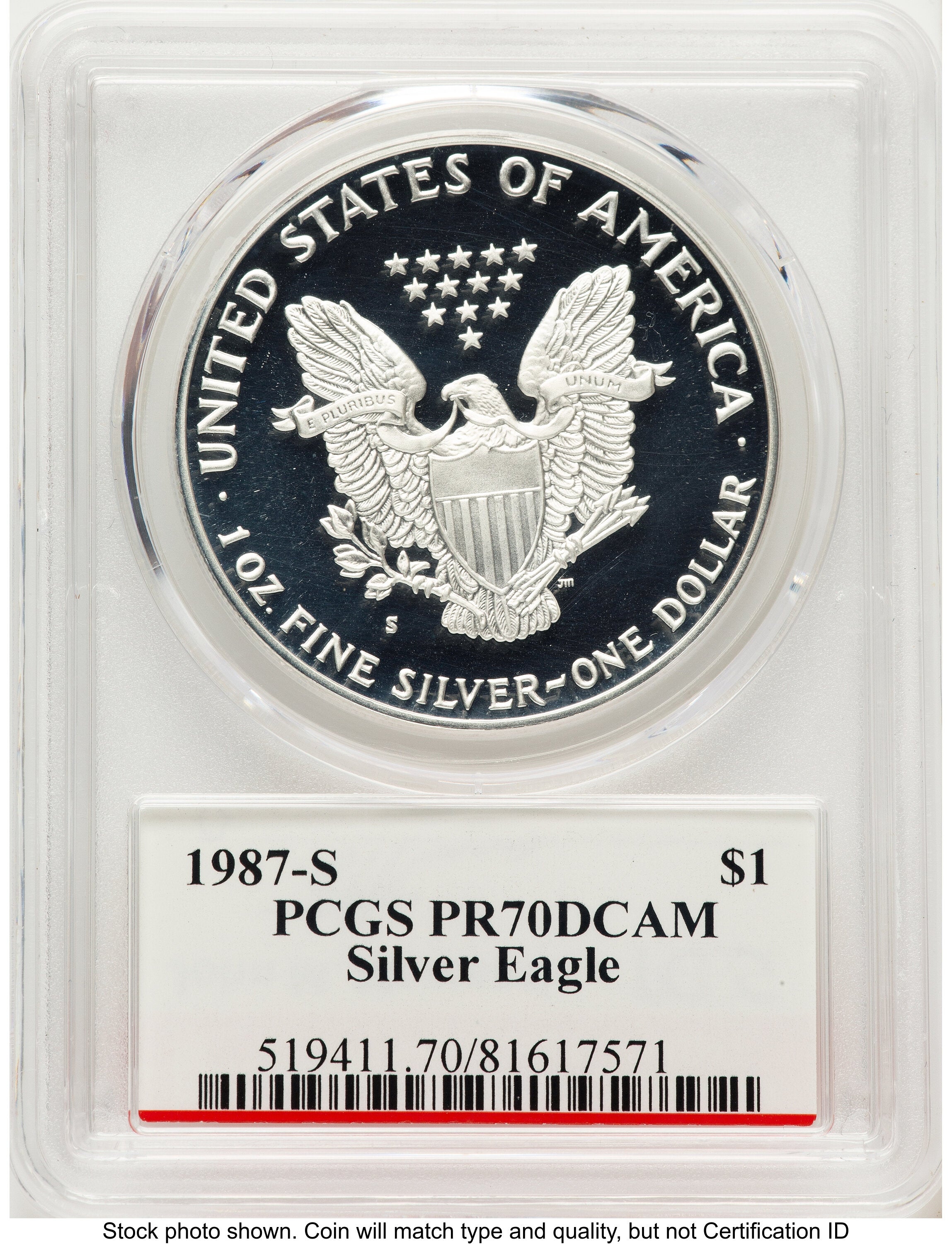1987-S Proof Silver Eagle 1 oz John Bridge PCGS PR70 Mercanti