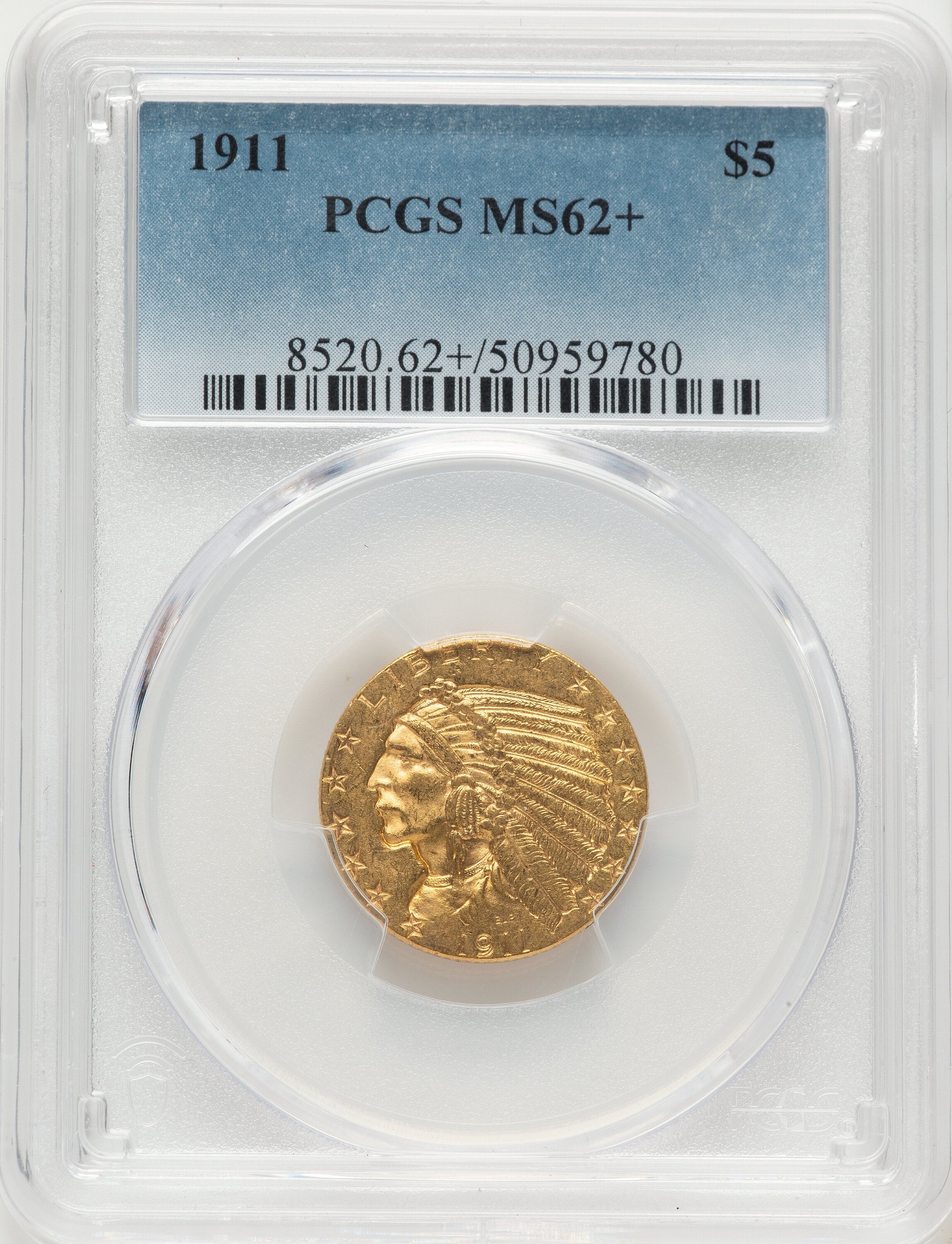 1911 $5 Indian Half Eagle PCGS MS62+
