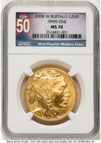 2008-W Burnished Gold Buffalo 1 oz Top 50 Most Popular Modern Coins Label NGC MS70