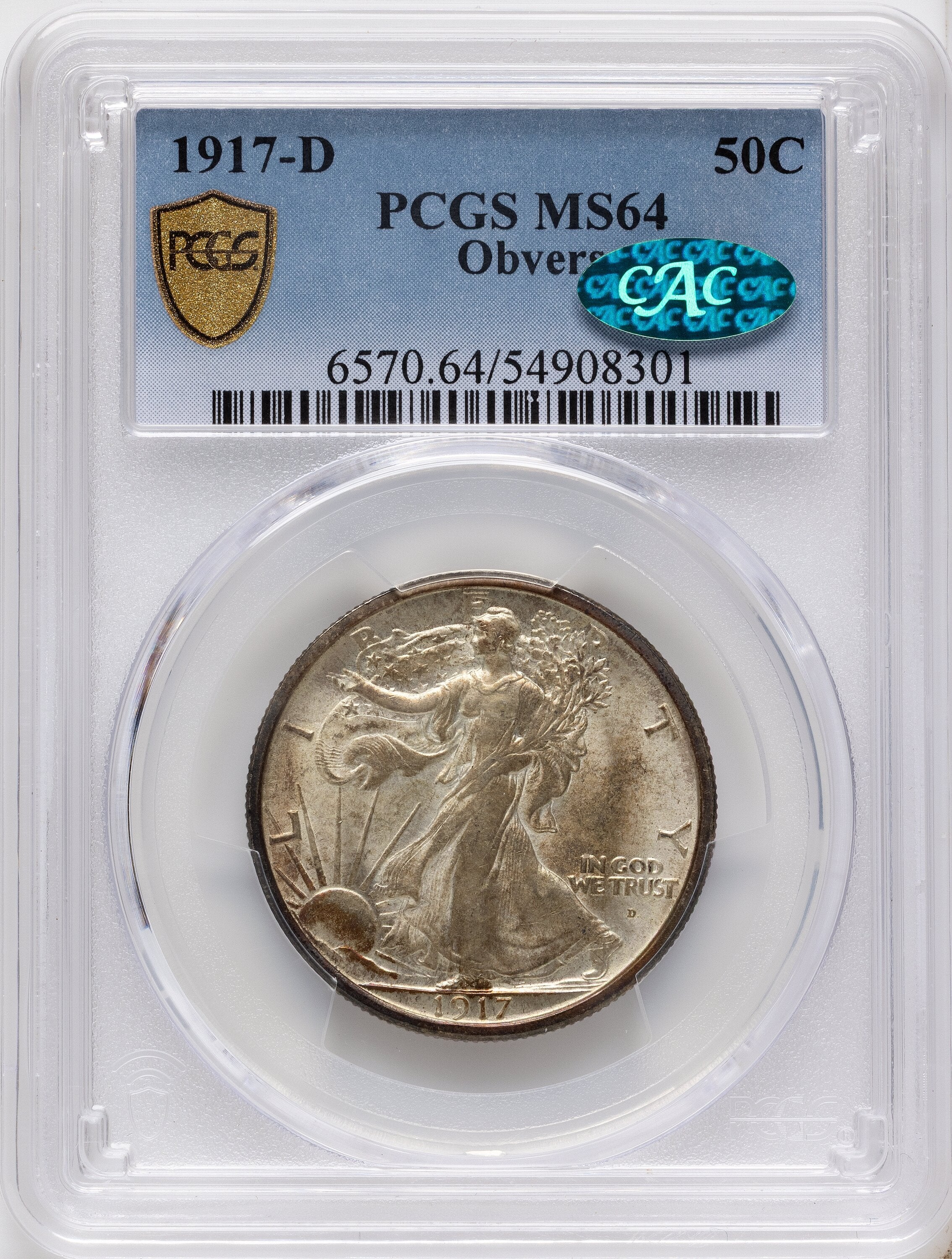 1917-D 50C OBVERSE CAC Walking Liberty Half Dollar PCGS MS64