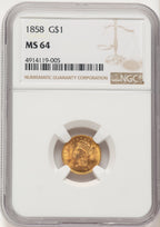 1858 G$1 Gold Dollar NGC MS64