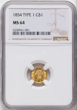 1854 G$1 T-1 Gold Dollar NGC MS64
