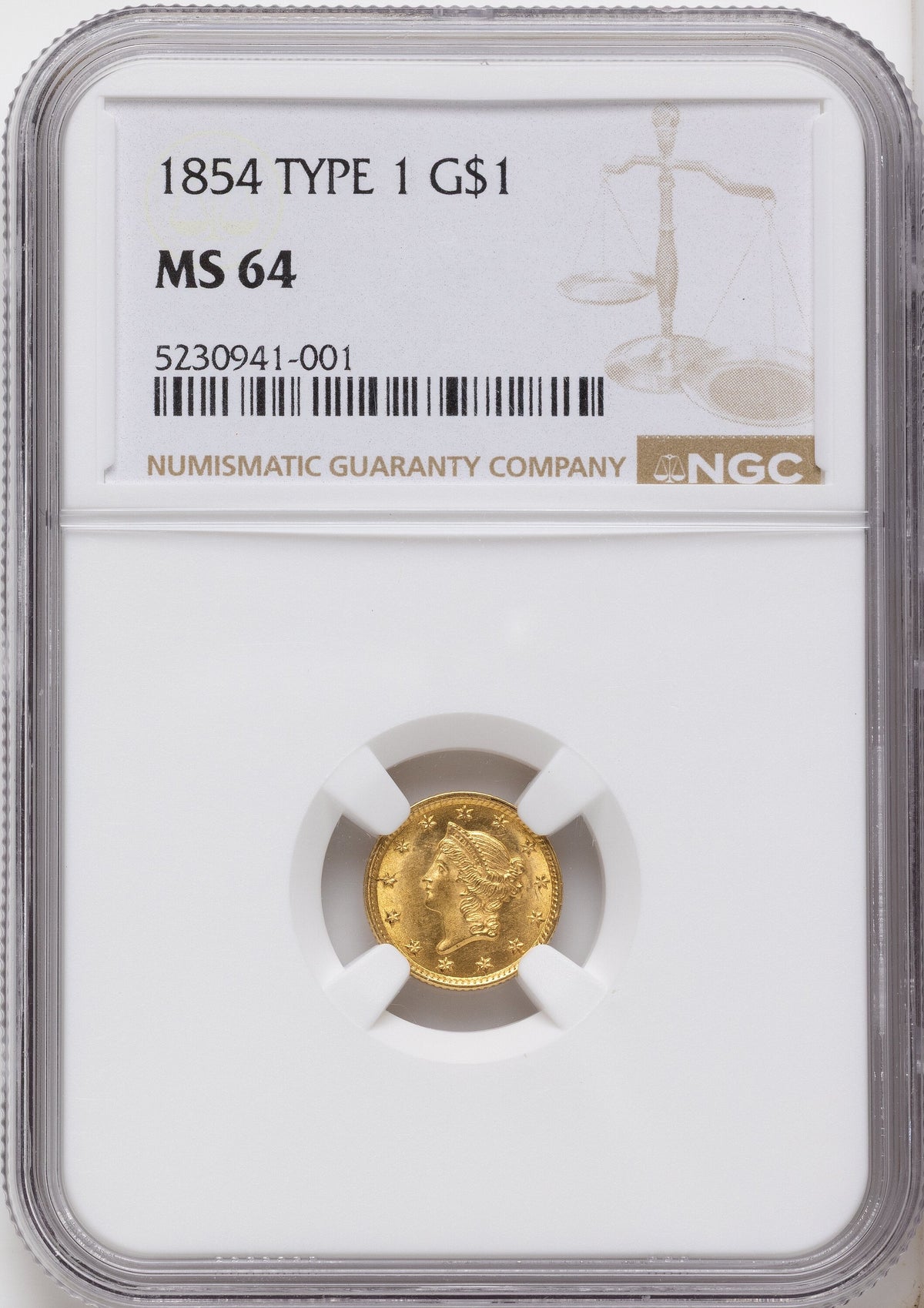 1854 G$1 T-1 Gold Dollar NGC MS64