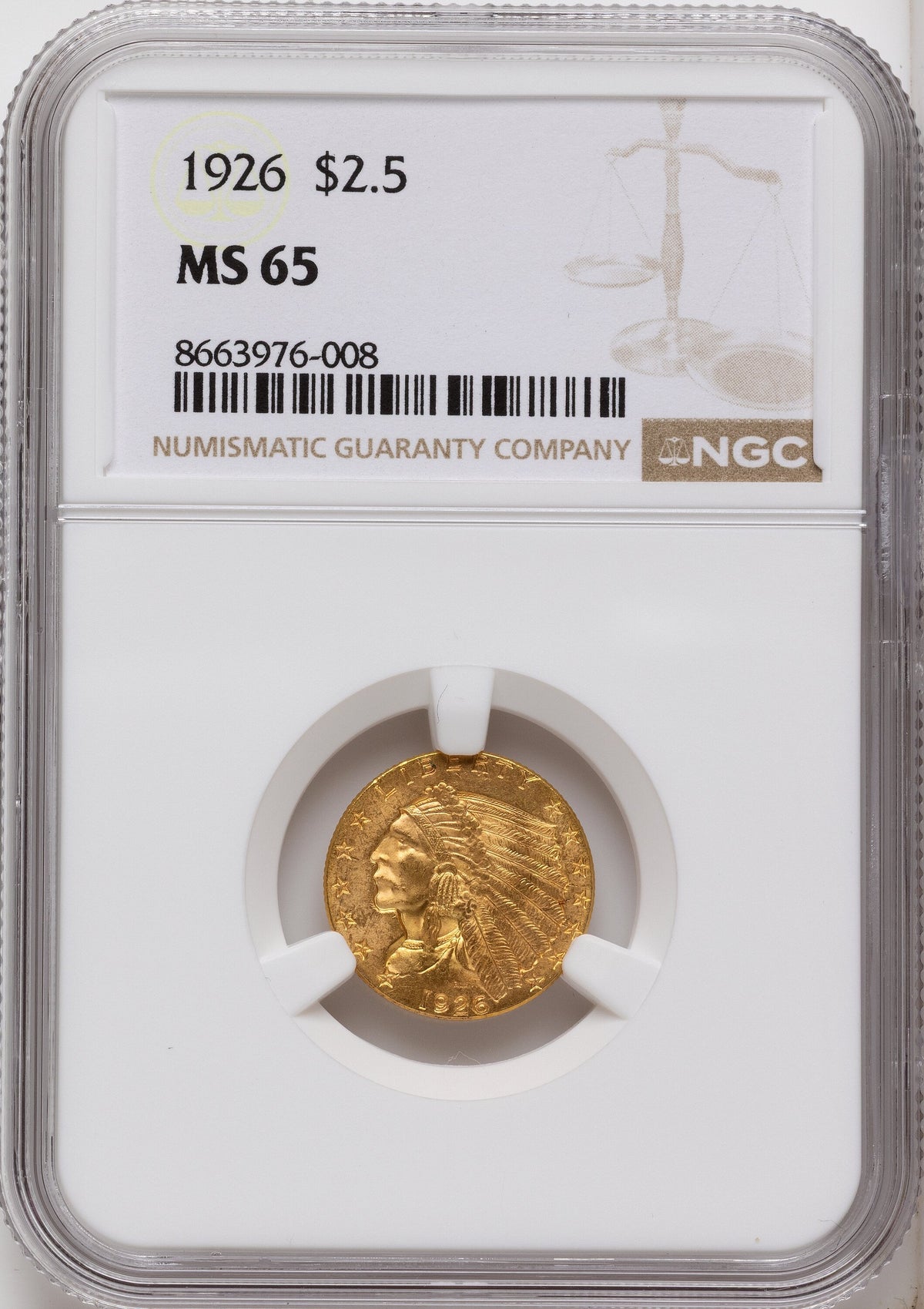 1926 $2.50 Brown Label Indian Quarter Eagle NGC MS65