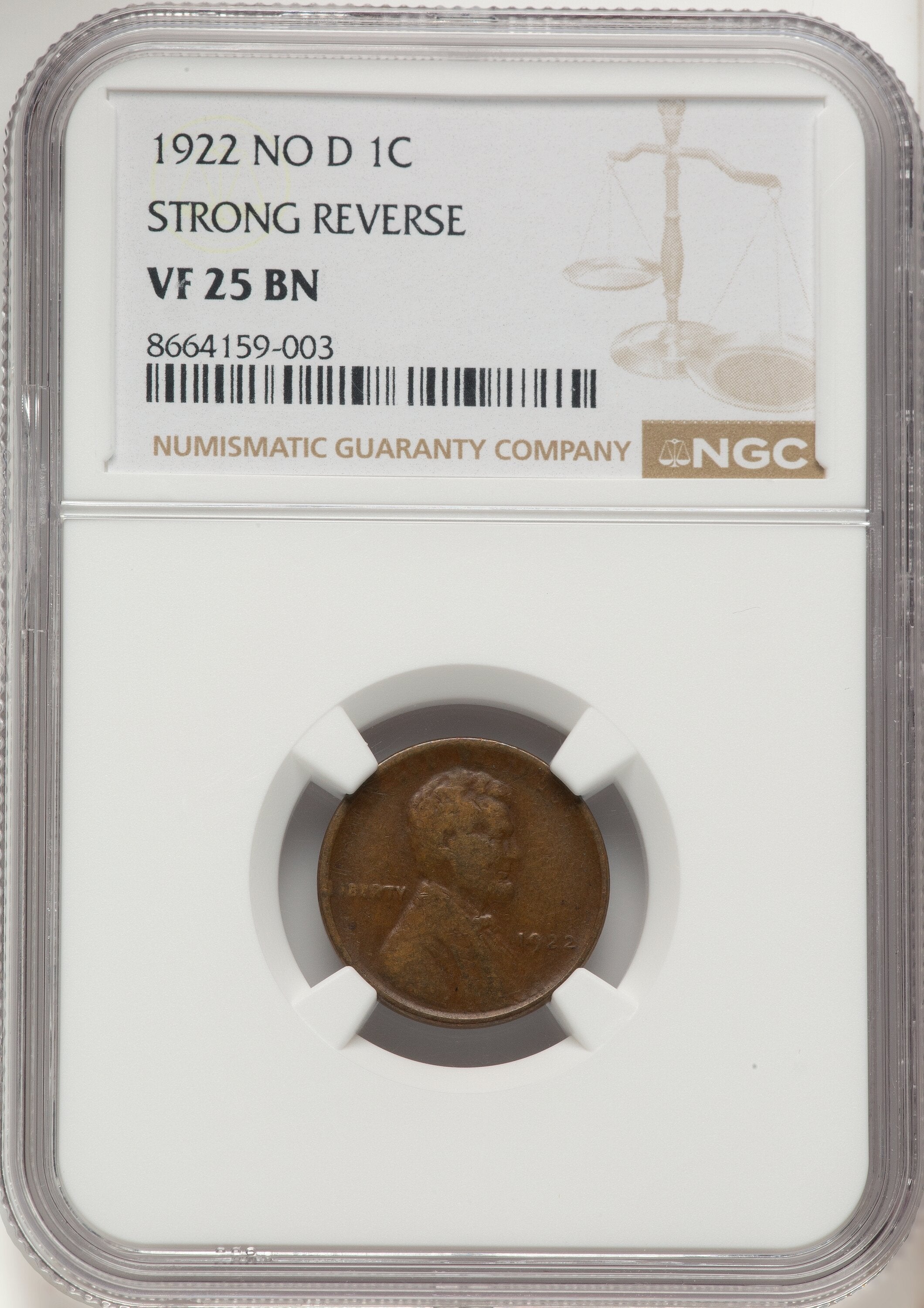 1922 No D Strong Reverse BN Lincoln Cent NGC VF25