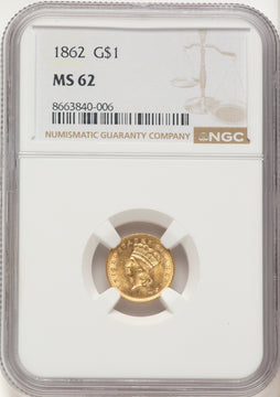1862 G$1 Gold Dollar NGC MS62