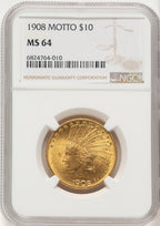 1908 $10 MOTTO Indian Eagle NGC MS64