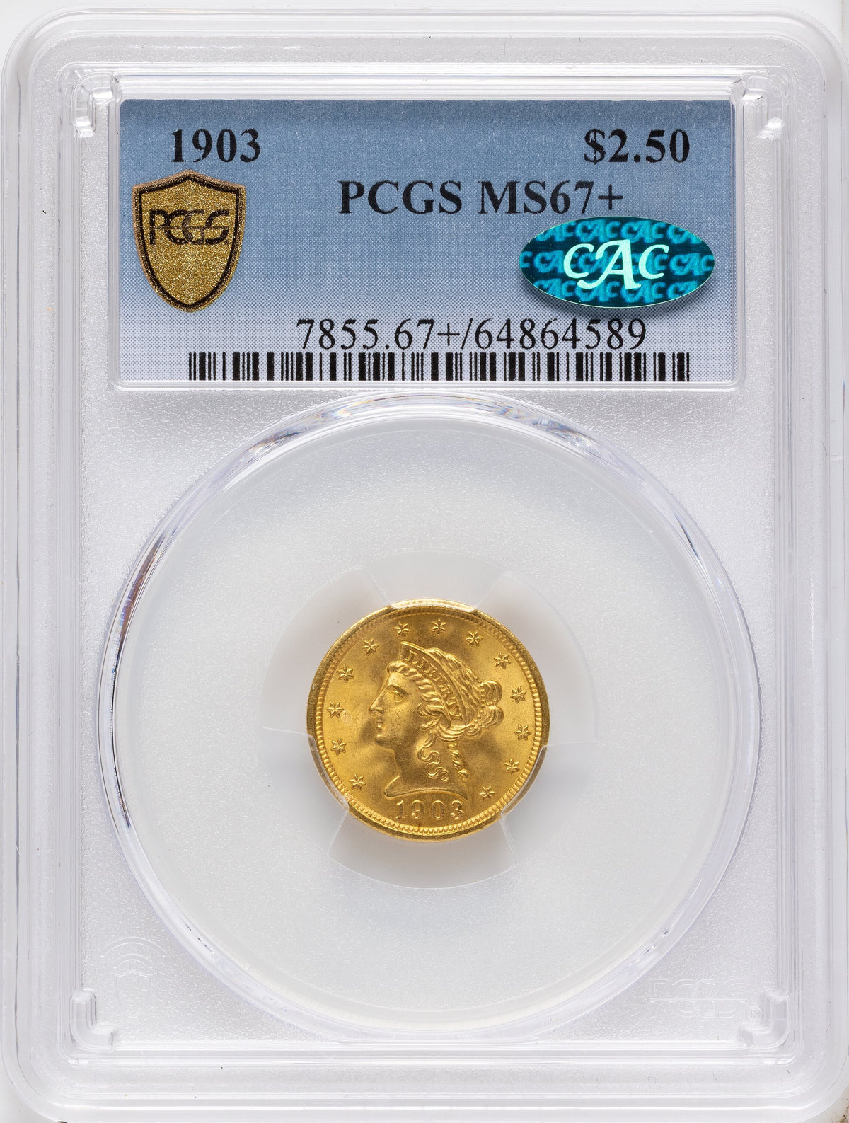 1903 $2.50 CAC Liberty Quarter Eagle PCGS MS67+