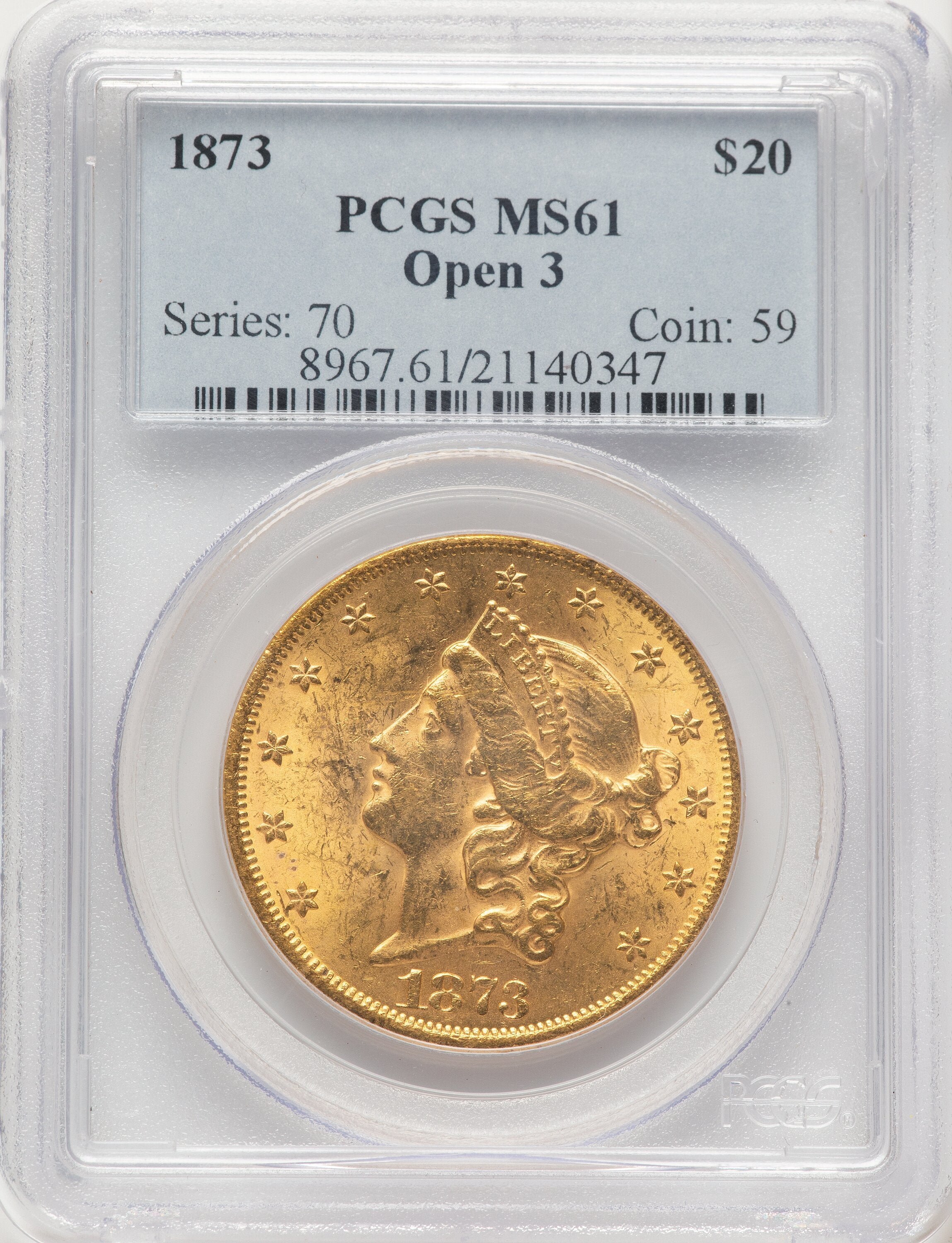 1873 $20 OPEN 3 Liberty Double Eagle PCGS MS61
