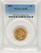1855 $3 Three Dollar Gold Pieces PCGS AU55
