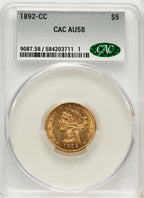 1892-CC $5 Liberty Half Eagle CACG AU58