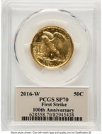 2016-W 50C Walking Liberty 100th Anniversary Gold Centennial FS Thomas Cleveland Art Deco PCGS MS70