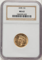 1878 $3 Three Dollar Gold Pieces NGC MS62