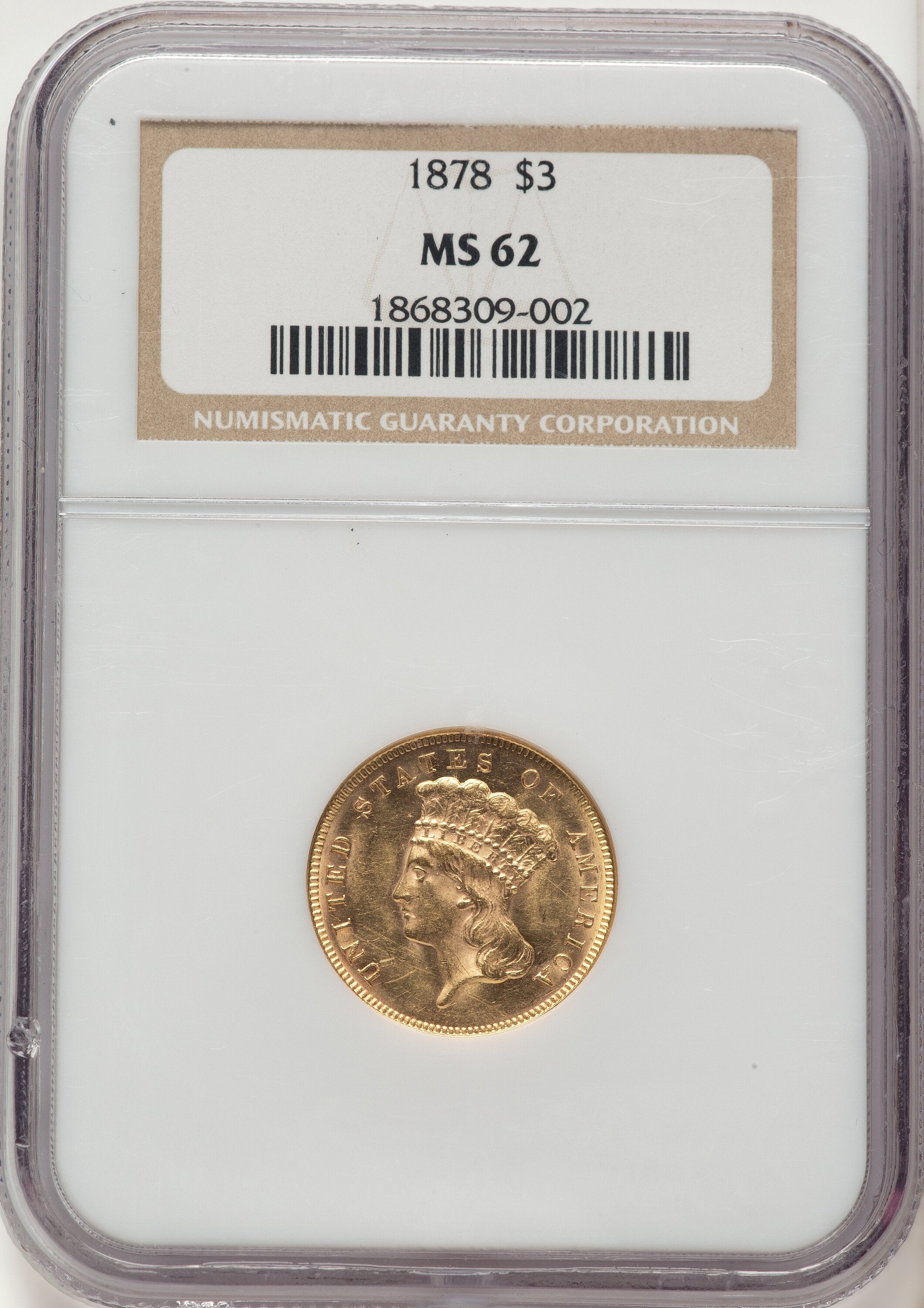 1878 $3 Three Dollar Gold Pieces NGC MS62