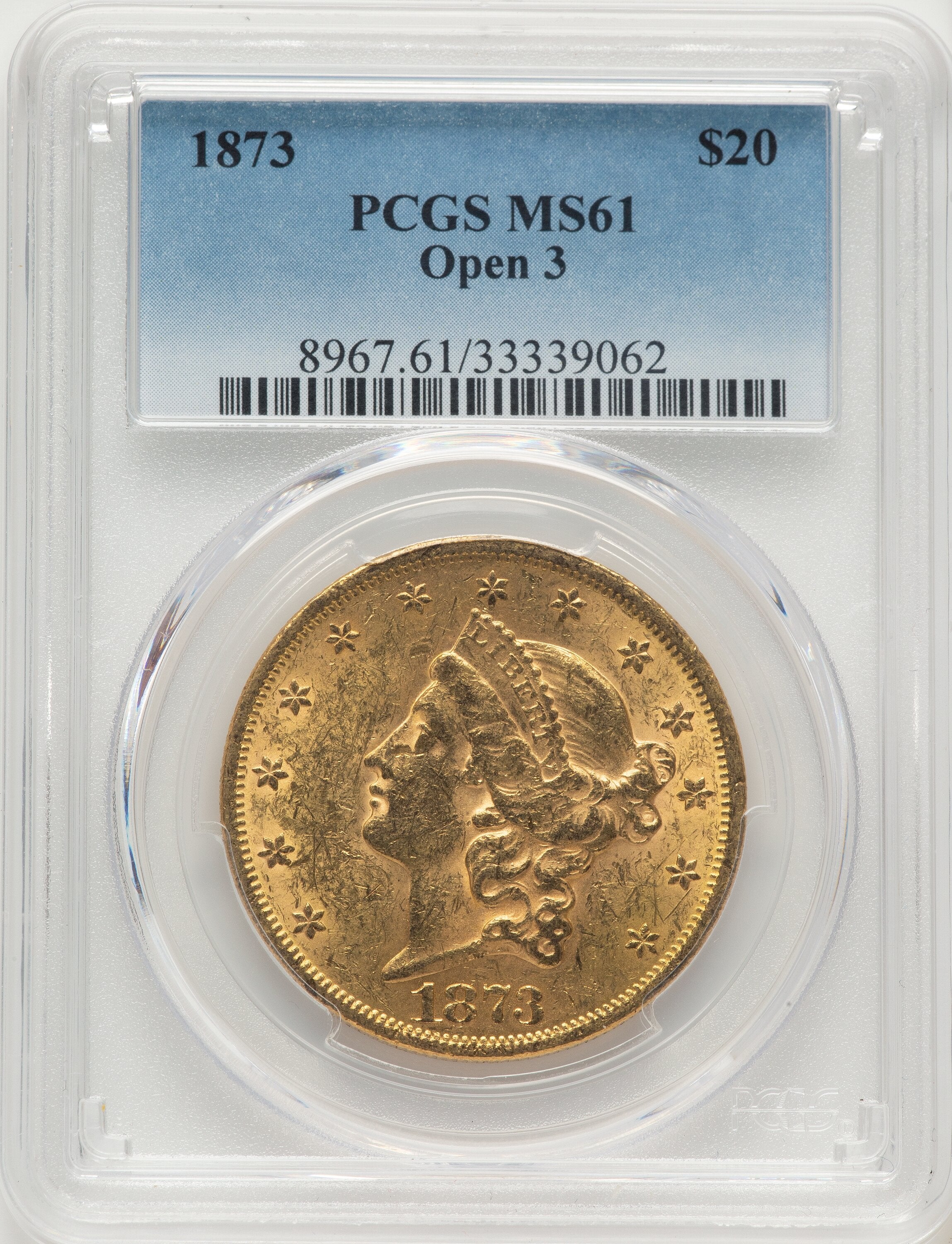 1873 $20 OPEN 3 Liberty Double Eagle PCGS MS61