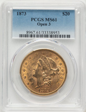 1873 $20 OPEN 3 Liberty Double Eagle PCGS MS61