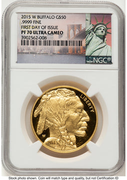 2015-W Proof Gold Buffalo 1 oz FDI Statue of Liberty Label NGC PF70