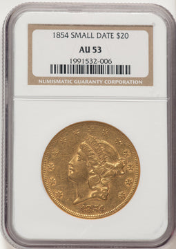 1854 $20 Small Date Liberty Double Eagle NGC AU53