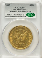 1853 $20 Assay Office 900 Thous. Territorial Gold CACG AU55