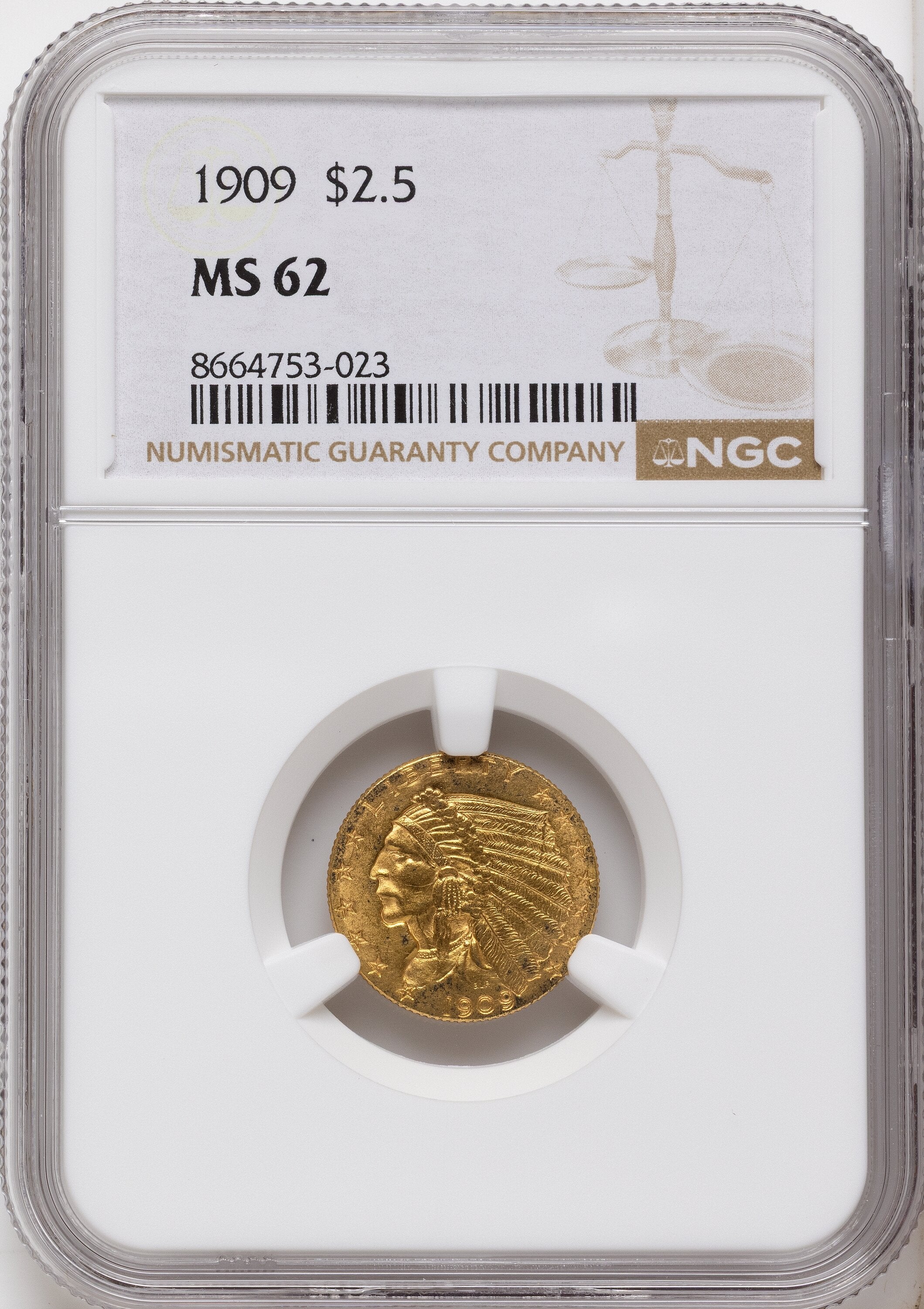 1909 $2.50 Indian Quarter Eagle NGC MS62