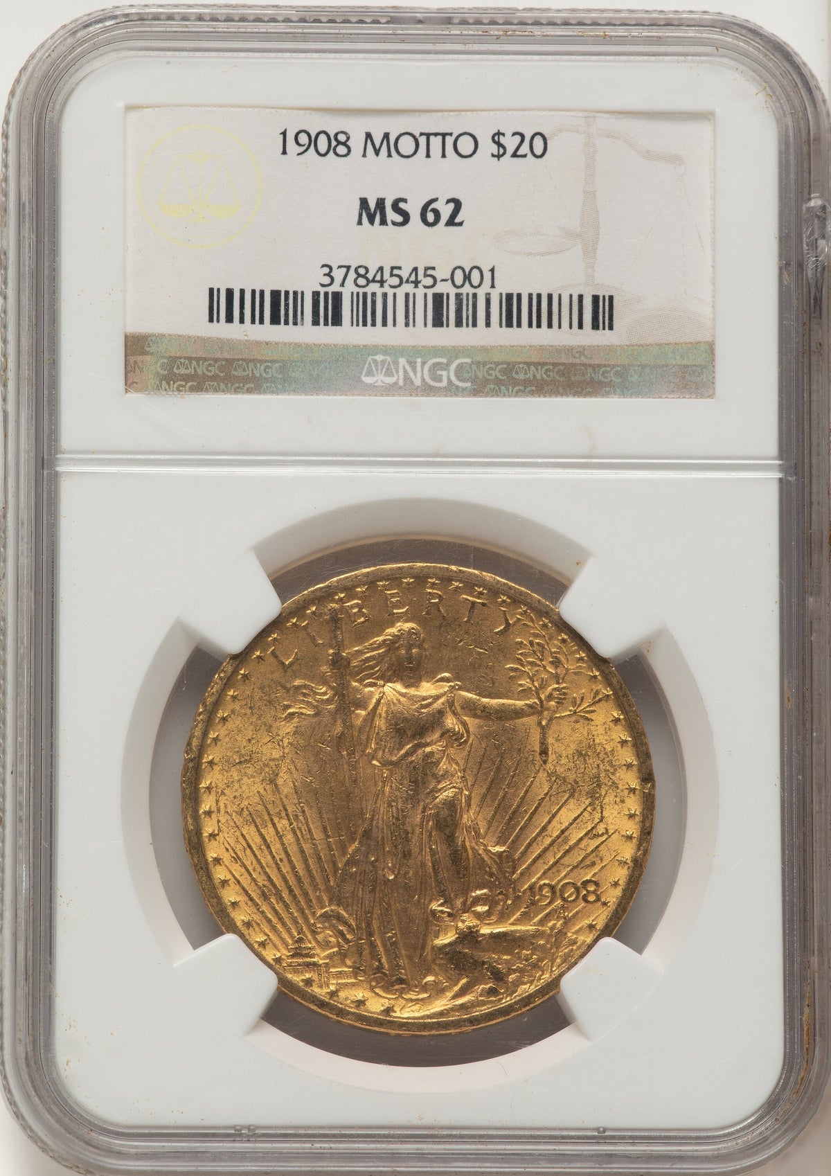 1908 $20 MOTTO Saint-Gaudens Double Eagle NGC MS62