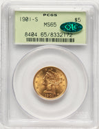 1901-S $5 CAC Liberty Half Eagle PCGS MS65
