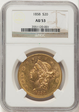 1858 $20 Liberty Double Eagle NGC AU53