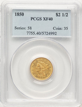1850 $2.50 Blue Label Liberty Quarter Eagle PCGS XF40