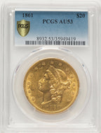 1861 $20 Blue Gradient Liberty Double Eagle PCGS AU53