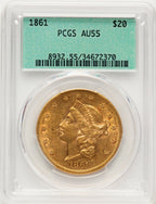 1861 $20 Green Label Liberty Double Eagle PCGS AU55