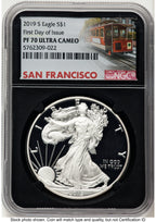 2019-S Proof Silver Eagle 1 oz FDI Trolley Label NGC PF70