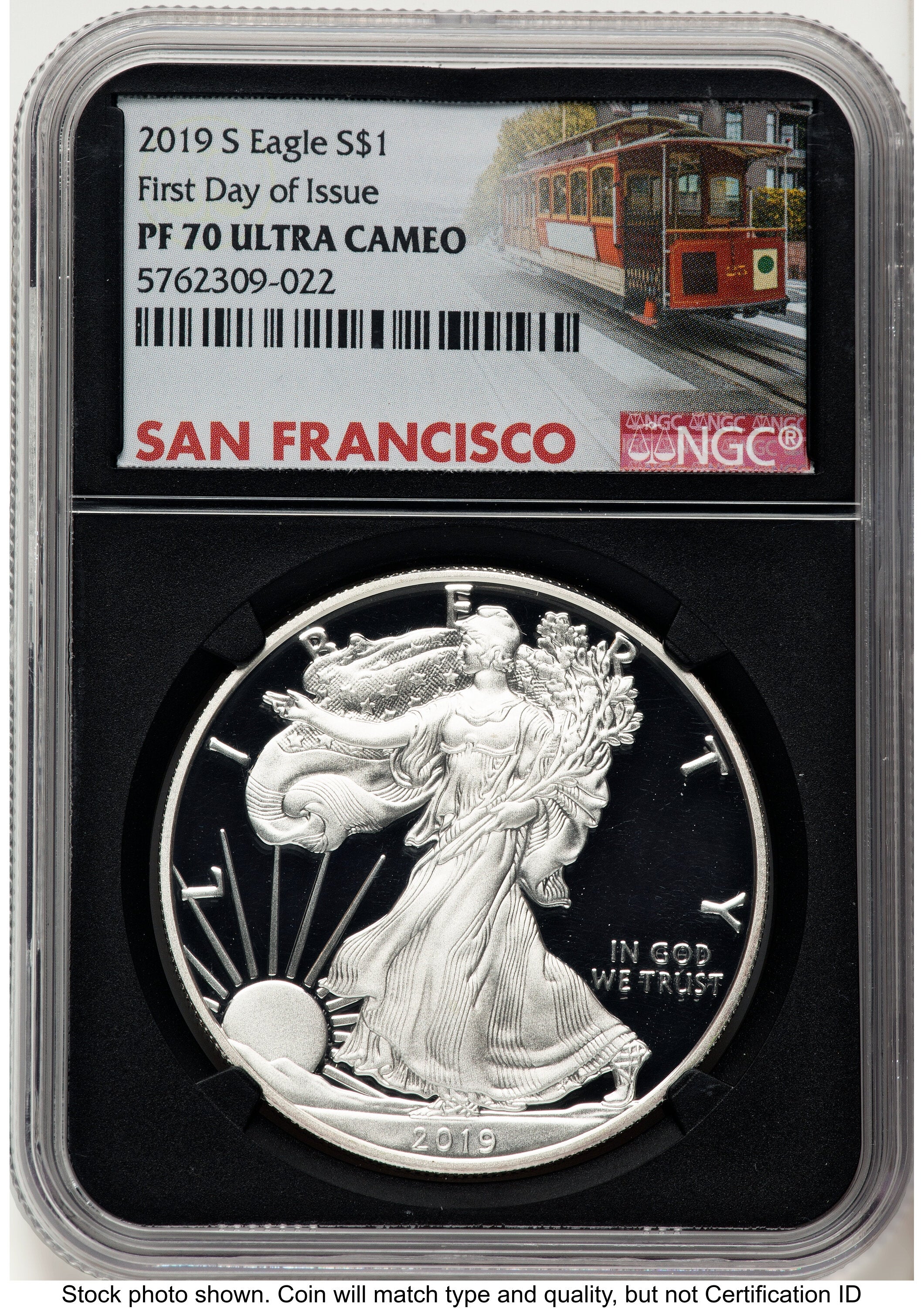 2019-S Proof Silver Eagle 1 oz FDI Trolley Label NGC PF70