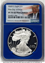 2020-S Proof Silver Eagle 1 oz FDI Trump Label Blue Core NGC PF70