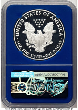 2020-S Proof Silver Eagle 1 oz FDI Trump Label Blue Core NGC PF70