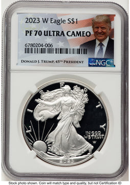 2023-W Proof Silver Eagle 1 oz Trump Label NGC PF70