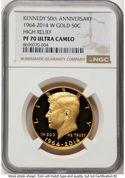 2014-W 50C Gold JFK 50th Anniversary Brown Label Proof Kennedy Half Dollar NGC PR70