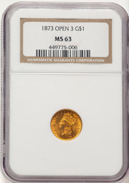 1873 G$1 OPEN 3 Gold Dollar NGC MS63