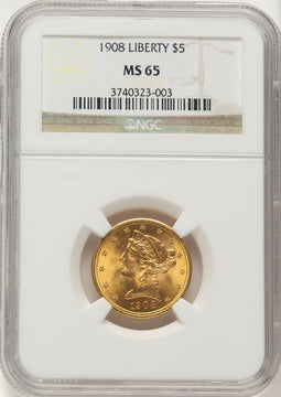 1908 $5 Liberty Liberty Half Eagle NGC MS65