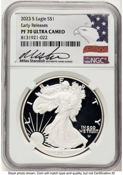 2023-S Proof Silver Eagle 1 oz ER Miles Standish Eagle Flag NGC PF70