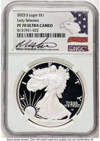 2023-S Proof Silver Eagle 1 oz ER Miles Standish Eagle Flag NGC PF70