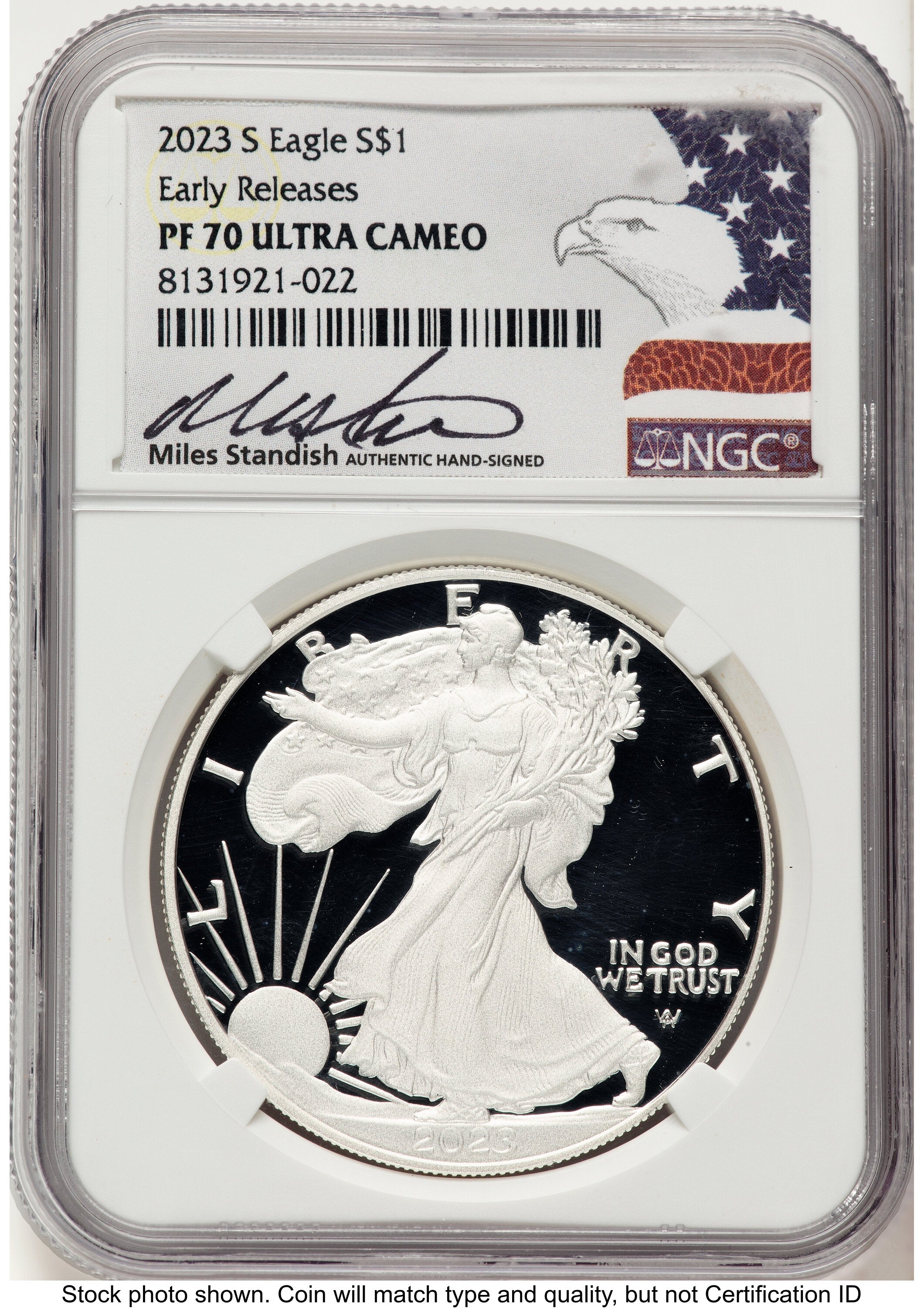 2023-S Proof Silver Eagle 1 oz ER Miles Standish Eagle Flag NGC PF70