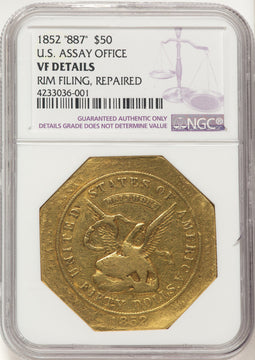 1852 Assay Office Fifty Dollar 887 Thous. Territorial Gold Details NGC VF20