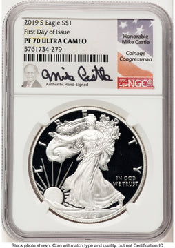 2019-S Proof Silver Eagle 1 oz FDI Mike Castle NGC PF70
