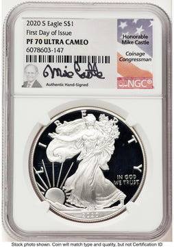 2020-S Proof Silver Eagle 1 oz FDI Mike Castle NGC PF70