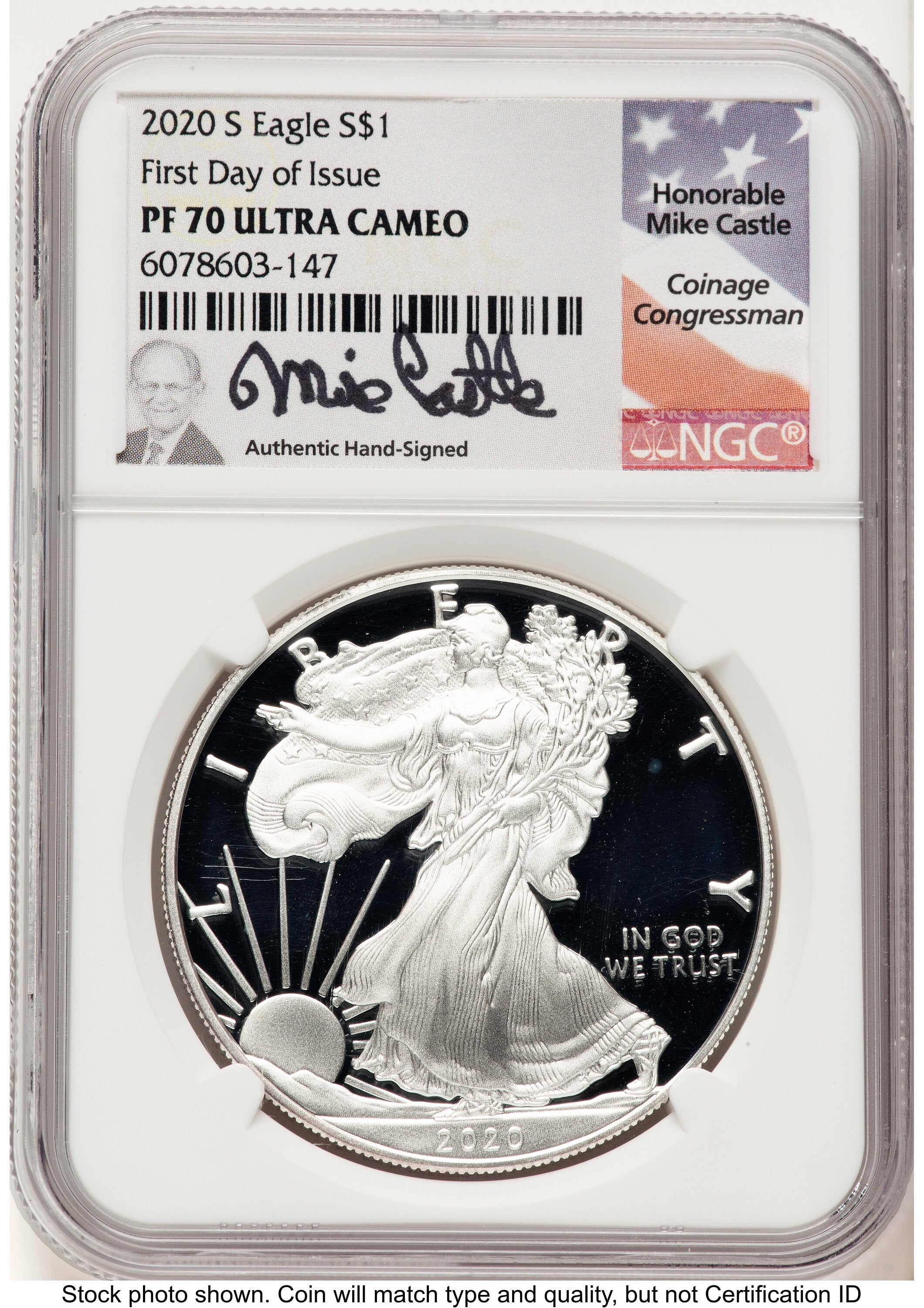 2020-S Proof Silver Eagle 1 oz FDI Mike Castle NGC PF70