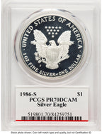 1986-S 1 oz Proof Silver Eagle PCGS PR70 Mercanti