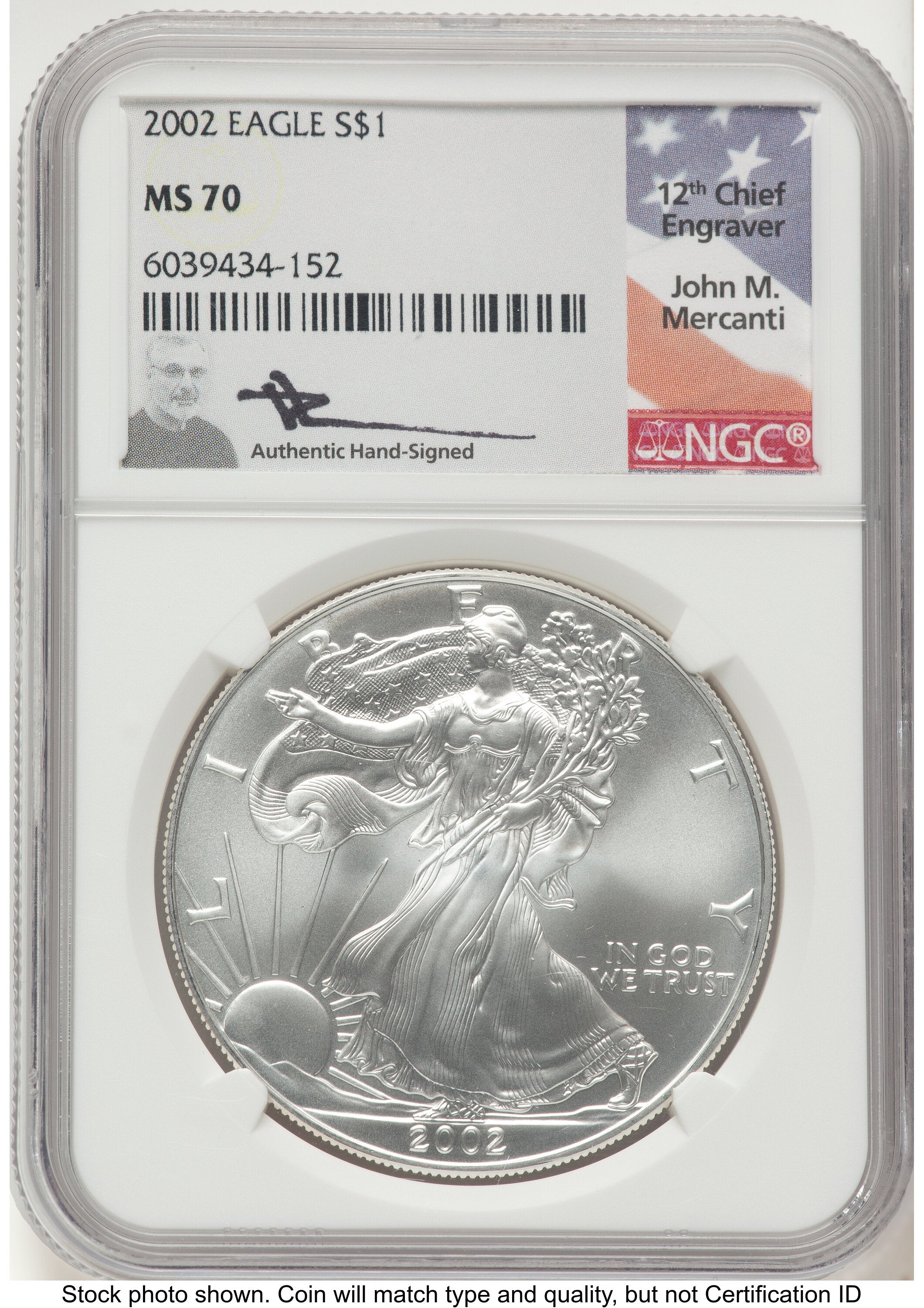 2002 Silver Eagle John NGC MS70 Mercanti