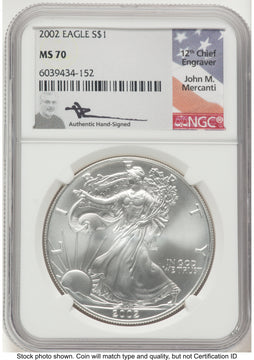 2002 Silver Eagle John NGC MS70 Mercanti